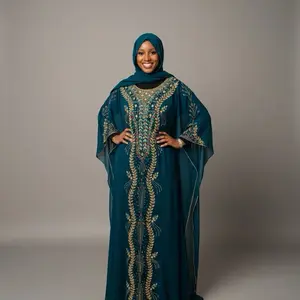 Elegant Teal hand beaded abaya with Gold Leaf & Red Gemstone Accents for Special Occasions