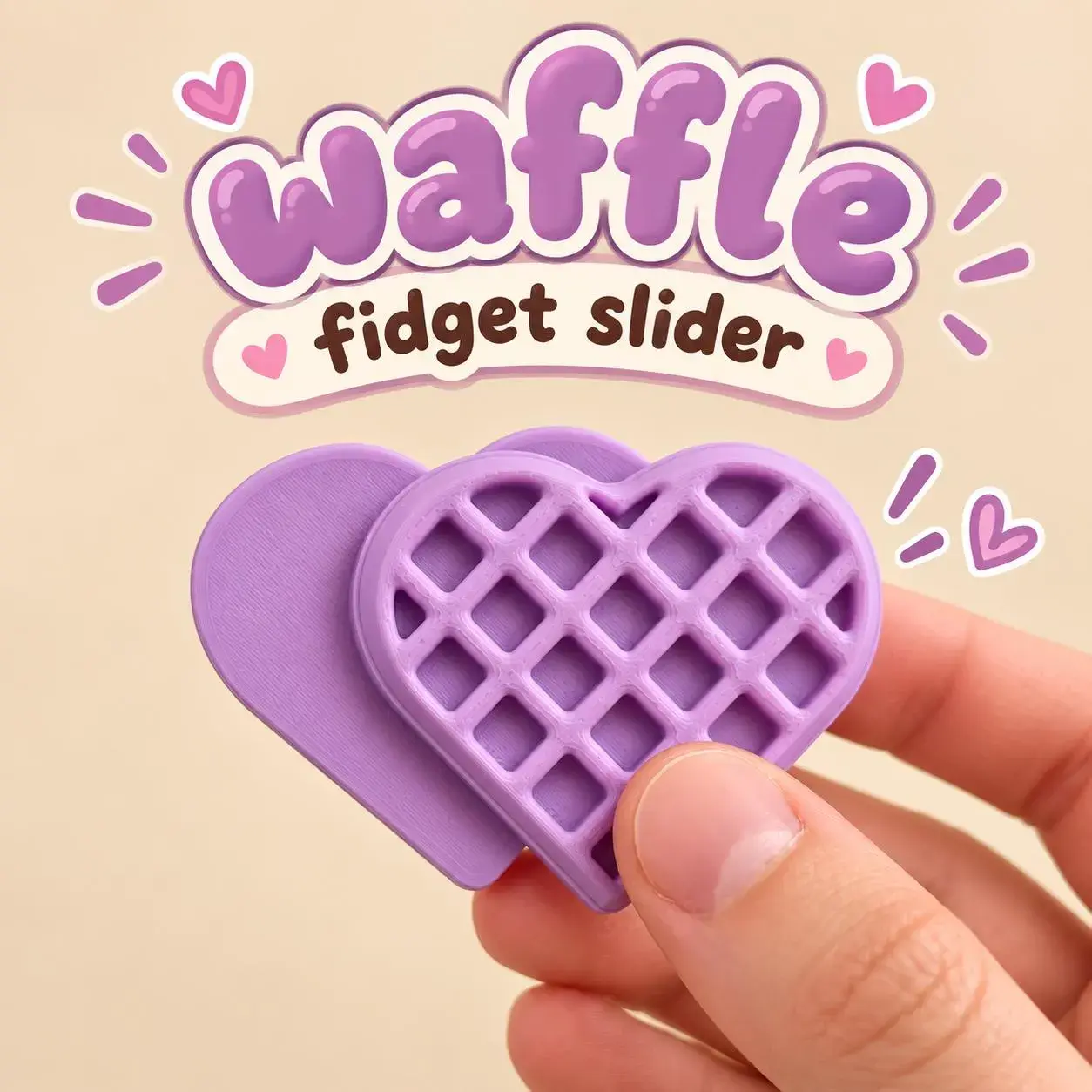 3D Printed Waffle Heart Fidget Slider, Cute Food Stress Relief Toy, Fidgets for Anxiety