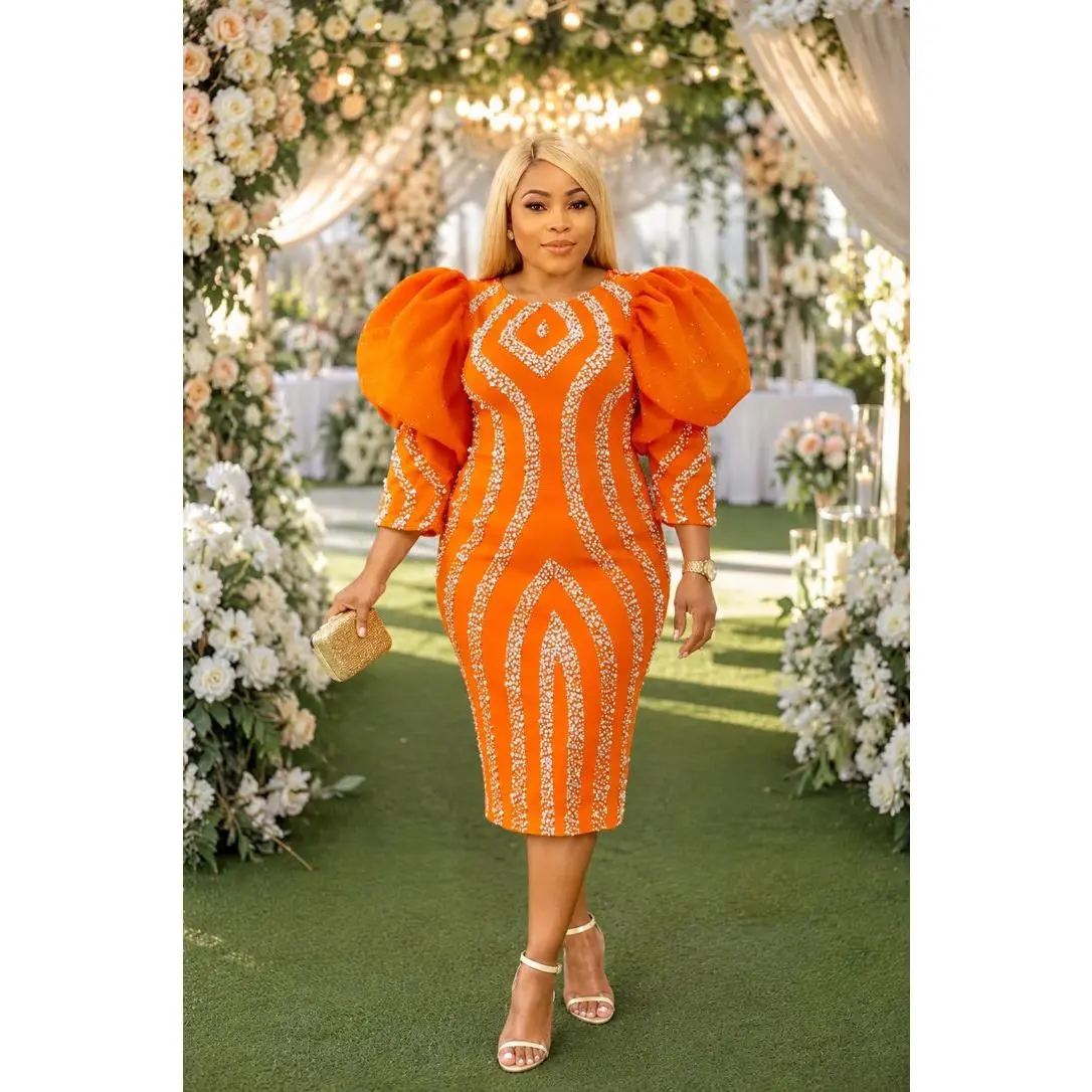 Dramatic Orange Puff Sleeve Beaded Midi Dress for Wedding Cocktail Reception Church Anniversary Mother of The Bride Outfit