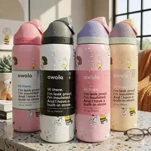 Cute 5no-py Peanuts x Owala FreeSip 32oz, Aesthetic Pastel Insulated Water Bottle, Leak-Proof Travel Flask for School & Gym