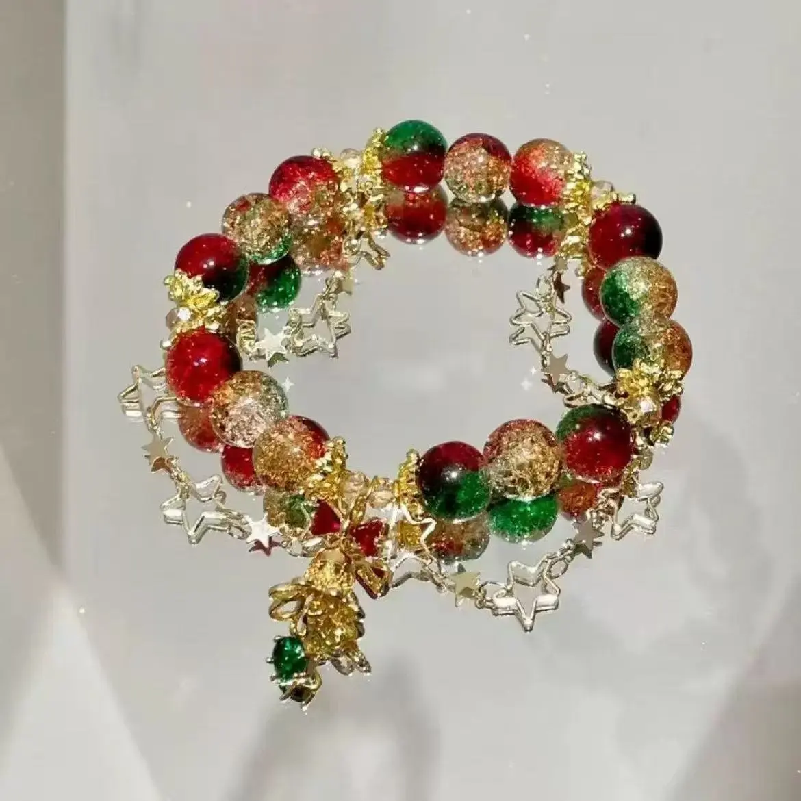 Chinese-Style Water Element Christmas Bracelet with Luili Beads, Festive Charms, Smooth Texture, Star Tree Motifs - Asian Religious Home Decor for Adults, Gold Auspicious Daily New Beginnings Accent