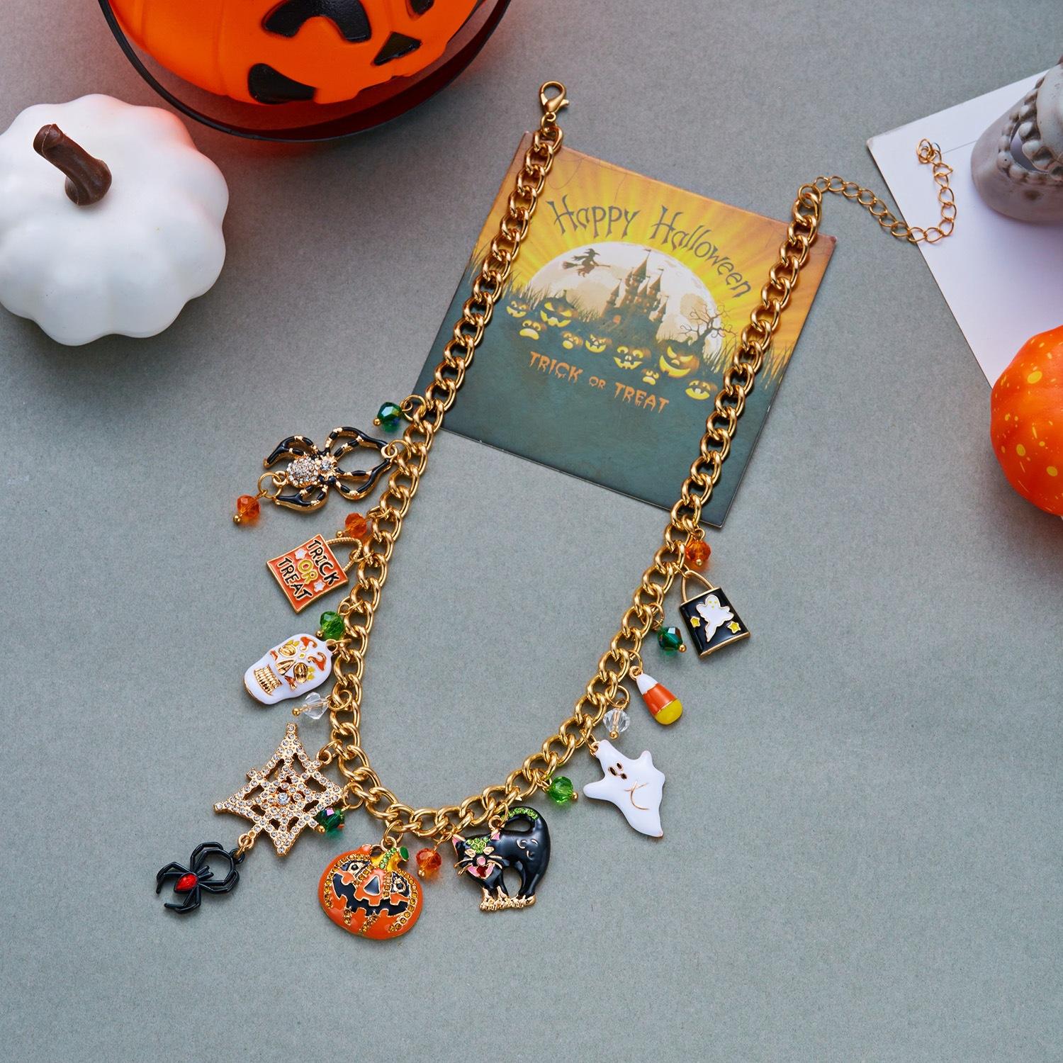 QIMENGLAI Women's Halloween Rhinestone Clavicle Necklace - Sparkly Crystal Spider Ghost Pumpkin Skull Pendant Festival Jewelry with Birthstones Bubble Initial Opalite Dainty Heart Name for Girlfriend Birthday Gifts