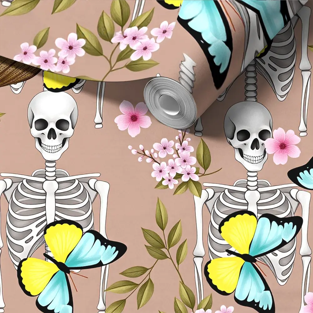 Cottage Goth Peel and Stick Wallpaper, Skeleton & Floral Butterfly Pattern, Removable, No Residue, Bedroom Living Room Decor, Soft Spooky Vibe