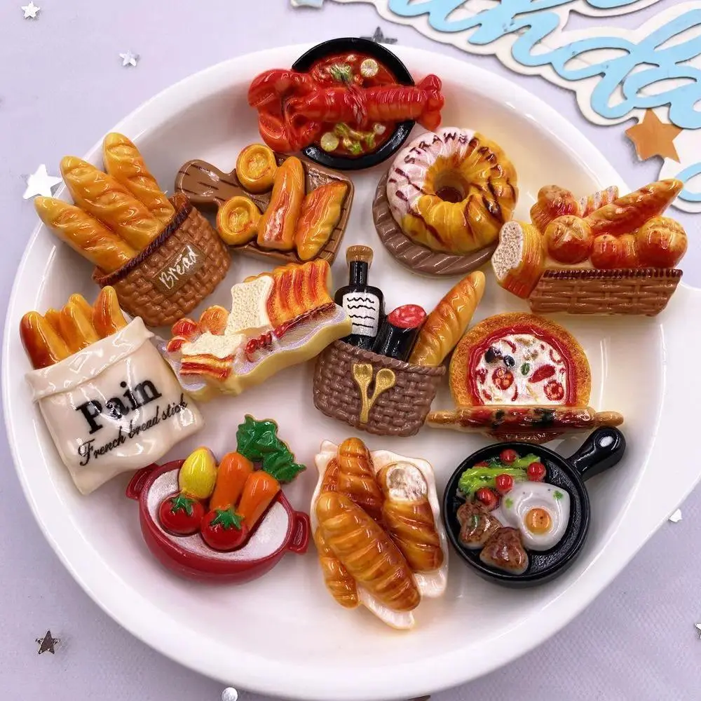 6PCS Mixed Resin Colorful Various Bread Croissant Donut Lobster Egg Pan Model Scrapbook Flat back Stone 3D Imitate Foods Figurine DIY Home Decor Crafts Craft Kits