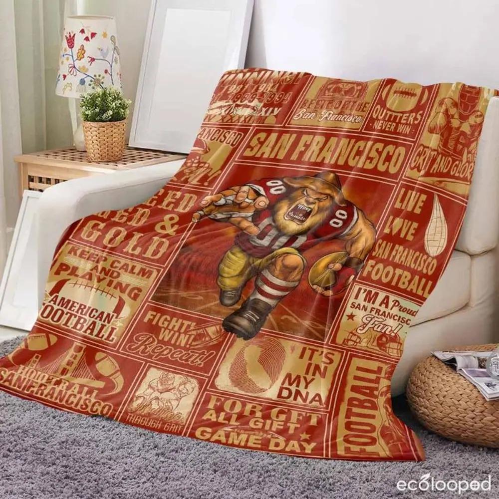 San Francisco Football Flannel Throw Blanket, Soft Warm Bleed Red & Gold Fleece, Vintage Sports Decor for Bed Sofa Couch Man Cave, Unique Birthday Christmas Gift For SF Fans Men Dads