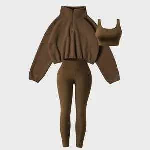 3-piece Set Sports Outfit For Women, Soft Knit Fabric, High-Waisted Pants And Sports Bra, Half-Zip Plush Jacket, Fitness Set For Fall & Winter(NO Accessories)
