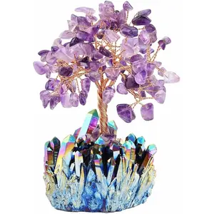 Mookaitedecor Amethyst Crystal Tree with Rainbow Titanium Crystals Base Bonsai Money Tree for Wealth and Luck Feng Shui Decorative Tree