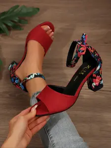 Women's New Buckle High Heel Sandals, Summer Versatile Fish Mouth Open Toe Chunky Heels, Fashion Sexy Floral Color High Heels, Flower Print Sandals, Chunky Heeled Sandals