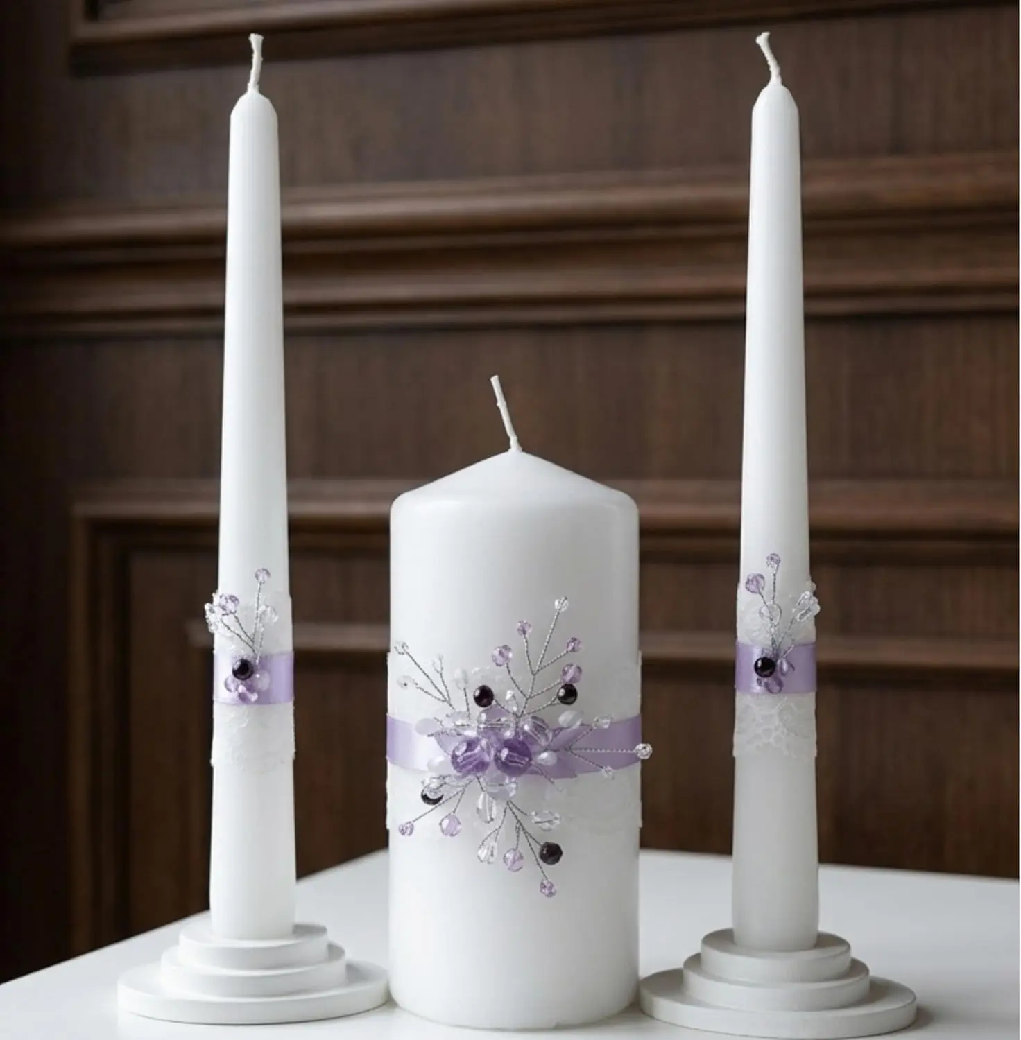 Lavender Whisper Unity Candle Set for Wedding Ceremony & Reception, White & Lavender Handmade Wedding Candles, Unscented 6" Pillar & 2 Taper 10" Candle Set, European Quality, Keepsake Gift