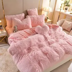 4-Piece Luxury Fluffy Bedding Set - Ultra Soft Plush Duvet Cover Set with 1 Duvet Cover, 1 Bed Sheet & 2 Pillowcases, Cozy All-Season Warm Bedding for Queen/King Beds, Vintage Faux Fur Comforter Set (Comforter Not Included)