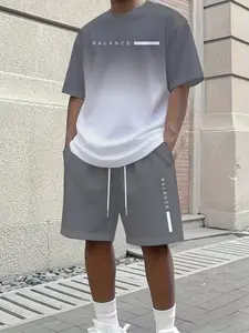 Men's Gradient Letter Signature 3D Digital Full-Body Print T-Shirt + Beach Shorts Set, Casual Round Neck Short Sleeve T-Shirt & Drawstring Shorts Two-Piece Set Outfit