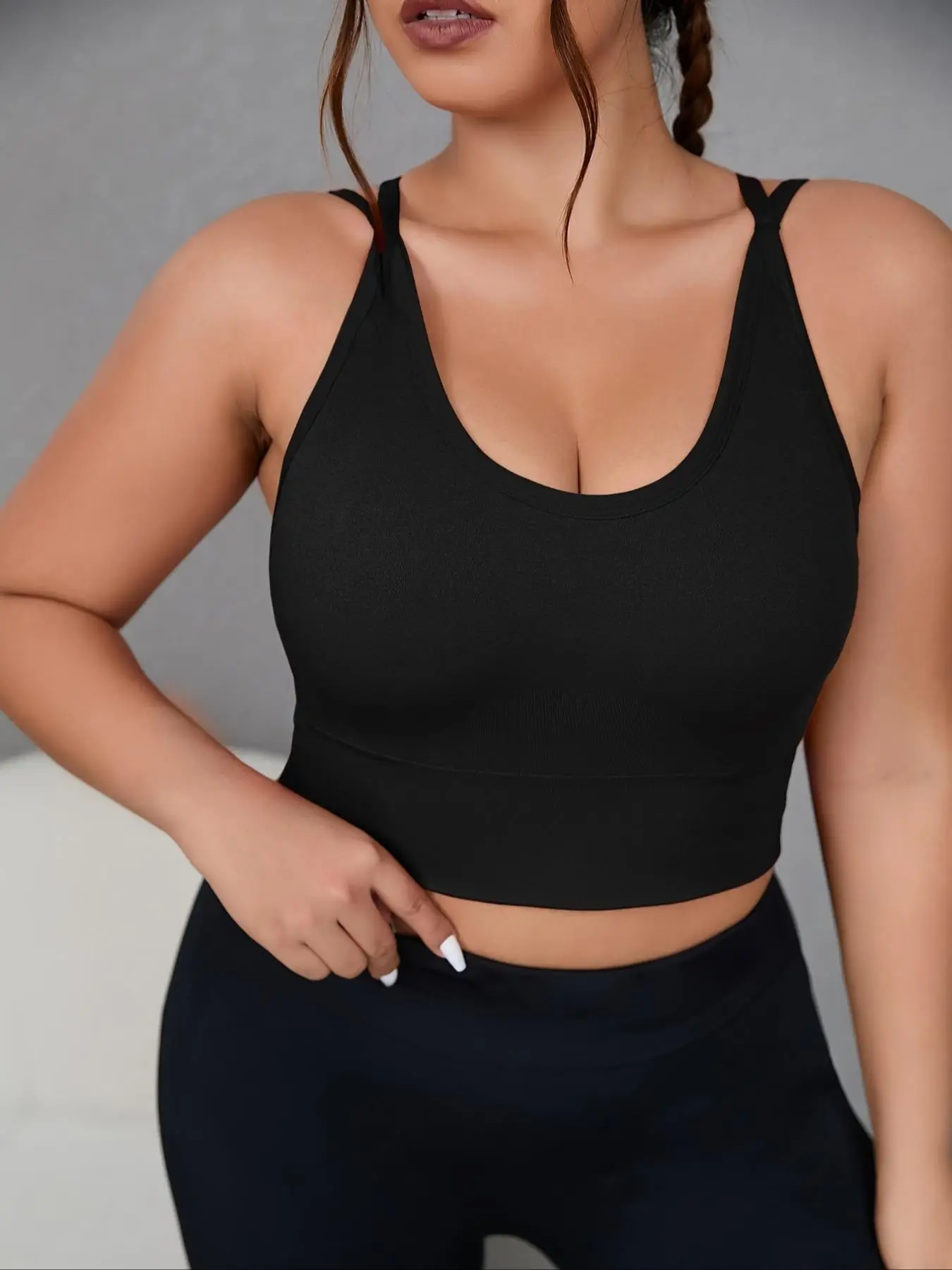 Women's Plus Size Criss Cross Backless Sports Bra, Gym Clothes Sets, Breathable Seamless Solid Sports Lingerie Top, Activewear, Workout Clothes, Summe