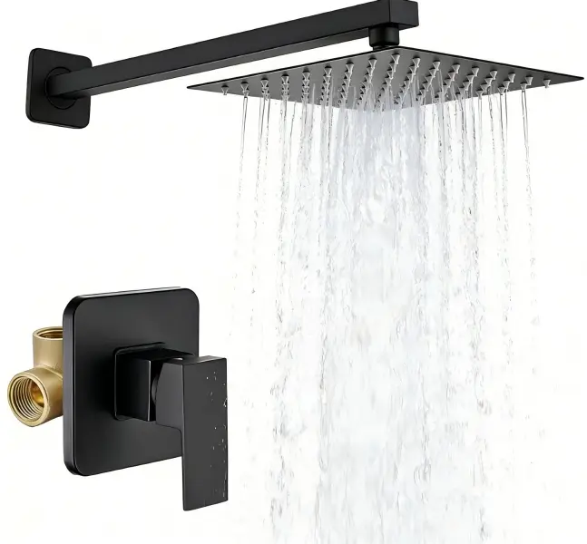 8 Inch Square Rain Shower Head and Handle Set Matte Black Bathroom Shower System Stainless Steel Single Function Shower Faucet Kit with Female Thread Valve