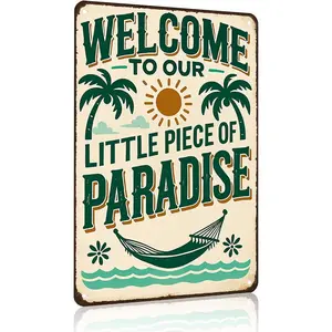 Vintage Metal Tin Sign - Nostalgic Retro Home Sign, "Welcome to Our Little Piece of Paradise" Artwork, 8x12in Lightweight Hanging Mount, Outdoor Porch Patio Home Decor (3991), Nostalgic Home Signs, Retro Home Signs
