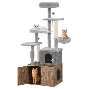 Garvee Large Cat Litter Furniture and Scratching Tree of 165cm, Multilevel Tower with Wooden Hideout and Sisal Posts, Grooming Station and Activity Center for Pets, 60x48x165cm, Brown