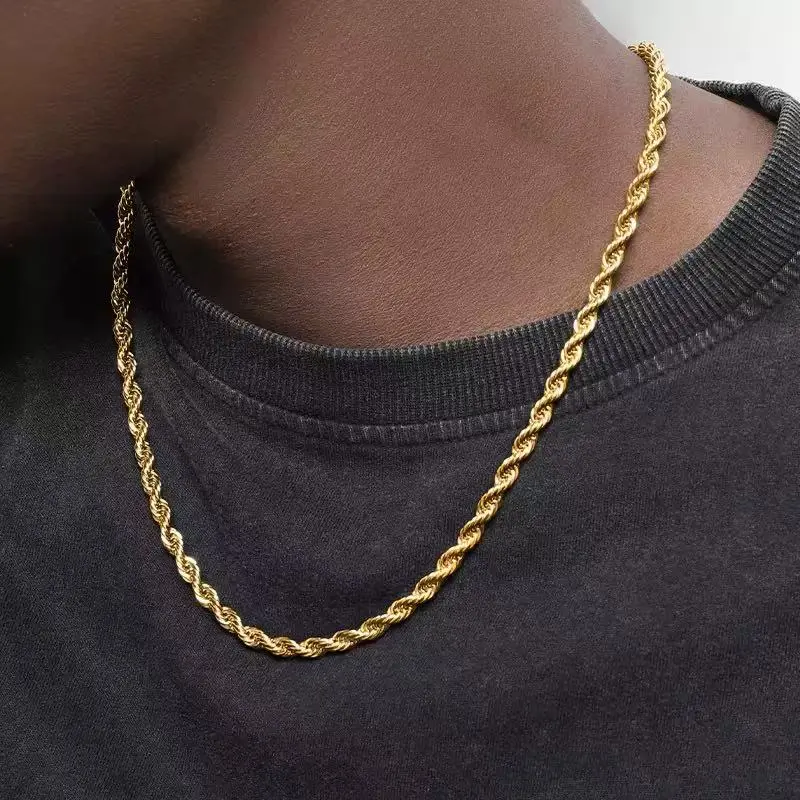 Men's Tarnish-Proof Gold Tone Rope Chain Necklace - Classic Twisted Design, Boho Turquoise Accent, Minimalist Religious Costume Jewelry, Father's Day Gift (Tarnish Proof Jewelry, Clean Shine, Daily Wear) woman statement cross pendant necklace natural ston