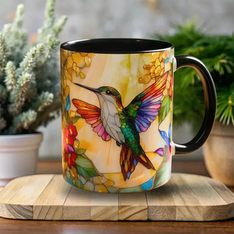 Stained Glass Style Hummingbird Mug,Bohemian Floral Coffee Cup,Vibrant Iridescent Hummingbird Botanical Ceramic Drinkware,Multicolored Stained Glass Bird Wildflower Graphic 2D Mug,Cozy Boho Cottagecore Morning Herbal Tea Cup