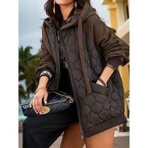 Quilted Drawstring Hooded Zip-up Padded Jacket Coat, Casual Long Sleeve Warm Outerwear For Winter, Women's Clothing