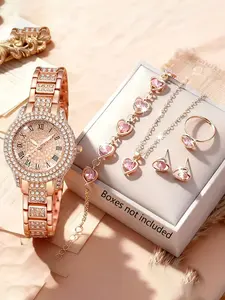 A set of 6 rose gold quartz watches for women, Trendy Watch Set, Fashionable jewelry set, paired with pink heart-shaped accessories, alloy strap, Roman numerals, making it the perfect birthday gift for family, loved ones, holiday parties, and more