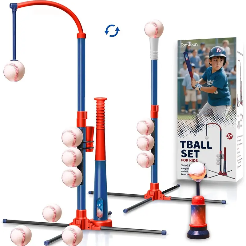3-in-1 Baseball Set for Kids and Toddlers Ages 3-5 – Includes Tee Ball Stand, Hanging Tee, Automatic Ball Launcher, and 6 Softballs – Adjustable Height for Indoor/Outdoor Play – Sports Gift for Boys