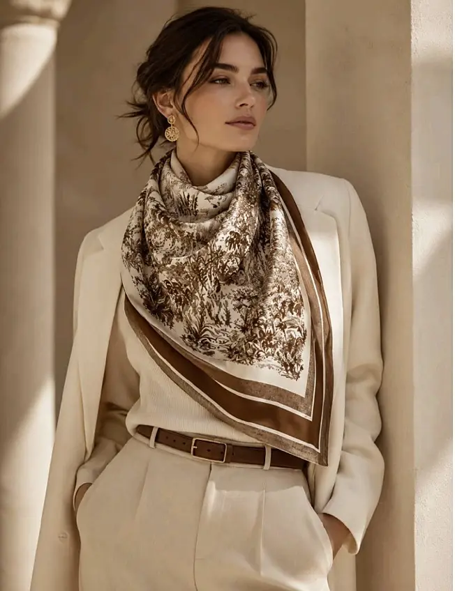 Brown & White Poly-Silk Lightweight Scarf – 35x35" Elegant Neutral Print – Head, Neck & Waist Wrap