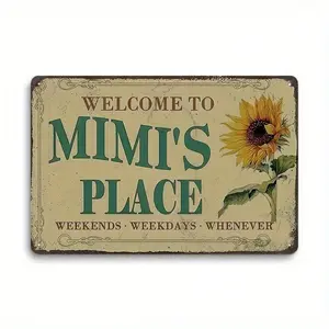 1PC Vintage Tin Sign, Welcome To Mimi's Place, Rustic Home Decor, Floral Wall Art, Perfect For Entryway Or Living Room, High-Quality Metal, 8x12 Inches/ 20x30 Cm