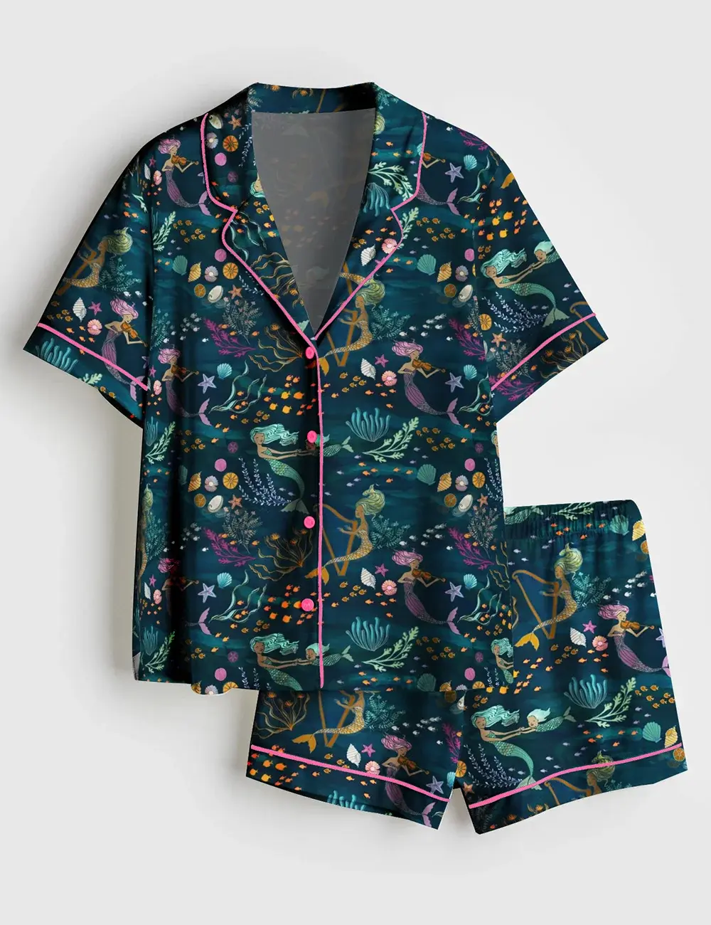 Women’s Mermaid Music Undersea Beauty Animals and Plants Short Sleeve Satin Pajama Set, Shorts & Pants | Custom Gift for Her | Bridesmaid Pajamas | Custom Jersey PJS