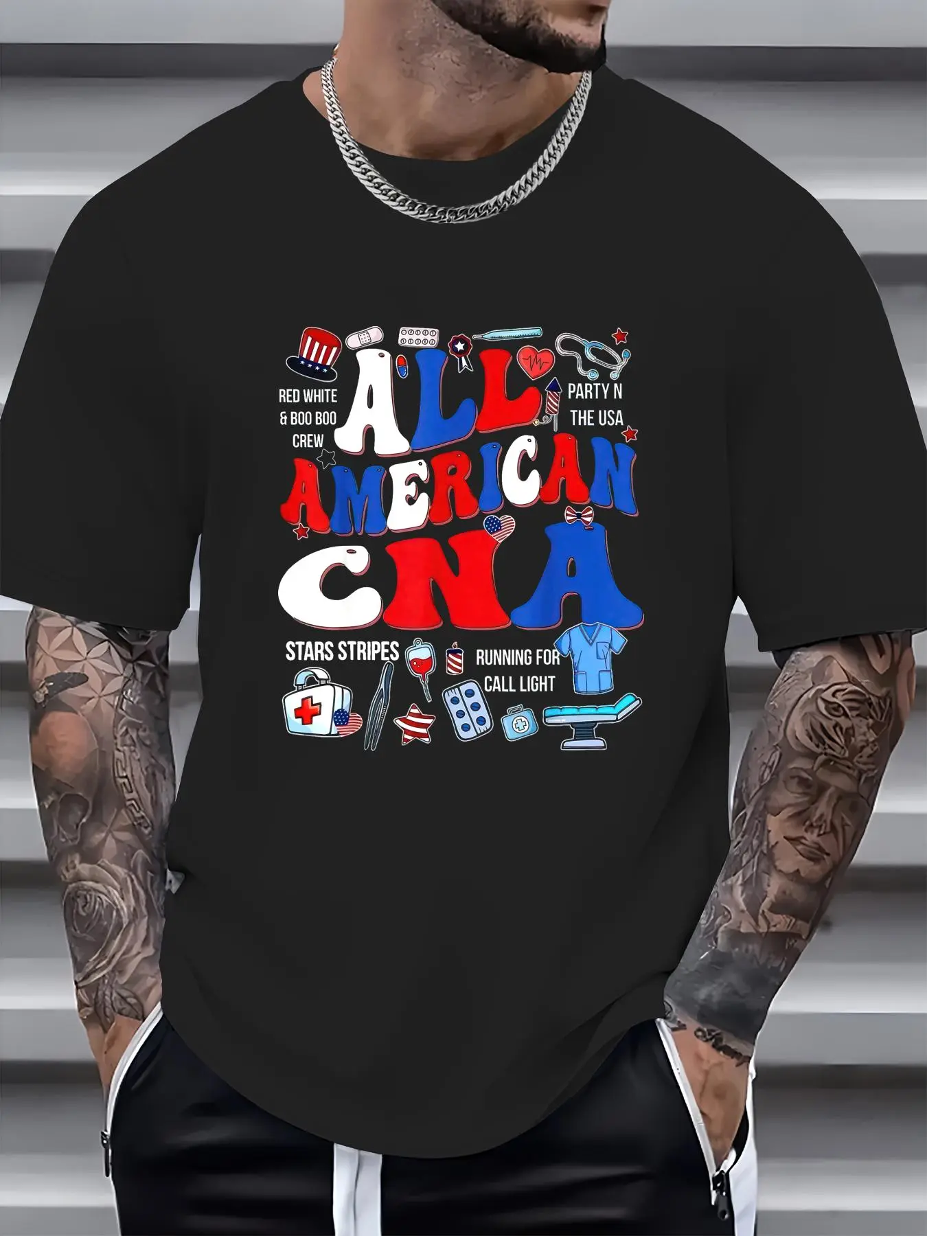 100% Cotton CNA 4th Of July Scrub Top Patriot Women RN CNA T-Shirt, Graphic T Shirts - Printed Short Sleeve T-Shirt Top
