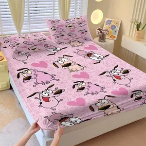 Courage The Cowardly Dog 3 Piece Fitted Sheet Set, 1 Fitted Sheet + 2 Pillowcases, Pink Cartoon Dog Heart Pattern Bedding, Soft Breathable Bed Sheet Set for Kids Teens Adults, Bedroom & Dorm Decor (Multiple Sizes Available, No Comforter Or Pillow Core)