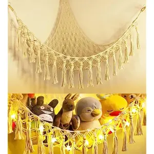 Stuffed Animal Toy Storage Hammock with LED Light - Macrame Jumbo Doll Corner Stuff Animals Organizer Decorations - Cute Hanging Plushie Net Kids Baby Nursery Bedroom Room Decor