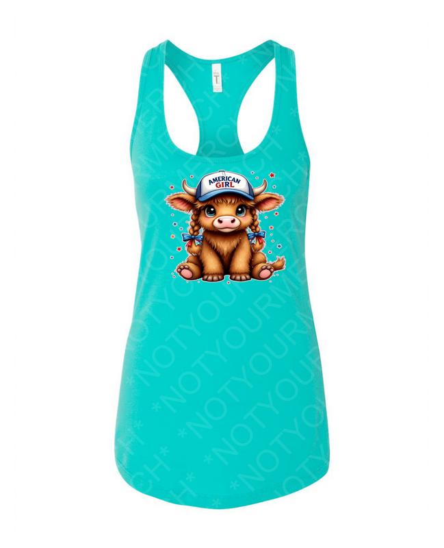 American Girl Highland Cow Tank – Cute Patriotic Animal Top