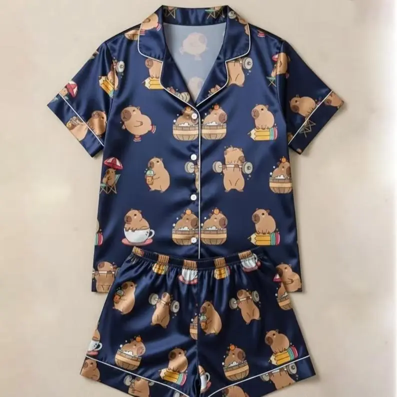 Cute Capybara Pajama Set Women Satin Short Sleeve Shorts Loungewear  Funny Animal Print Summer Sleepwear Loose Comfy 2 Piece PJ Set Gift