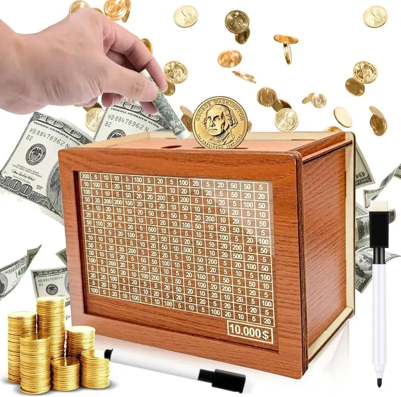 MONEYBOX Wooden $10,000 Savings Challenge Box – 2026 Money Saving Planner, Reusable Cash Savings Box, Budget Tracker & Financial Goal Organizer, Eco-Friendly Wooden Money Box Gift for Adults and Kids
