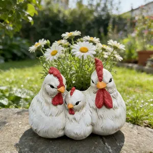 1pc Funny Plant Pots, Cute Resin Three Chicken Planter Pot, Round Planter, Unique Succulent Flower Pot Statue for Indoor Outdoor Home Decor Garden Decorations