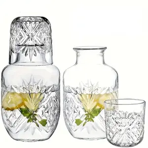 1 Set Crystal Bedside Carafe Set with Cup - 17.75oz/525ml, Nighttime Hydration Essential Drinkware. Decorative & Functional, Ideal for Bedroom/Guest Room, Perfect Housewarming & Birthday Gift!