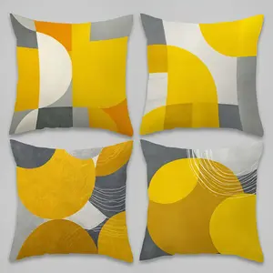 4pcs-Geometric Themed Throw Pillow Covers, Yellow Gray Color Scheme Modern Simplicity, Sofa Cover for Home, Room Decoration, Office Decoration, Living Room Decoration, Sofa Decoration, 2D Flat, Single Sided Printing, No Pillow Core