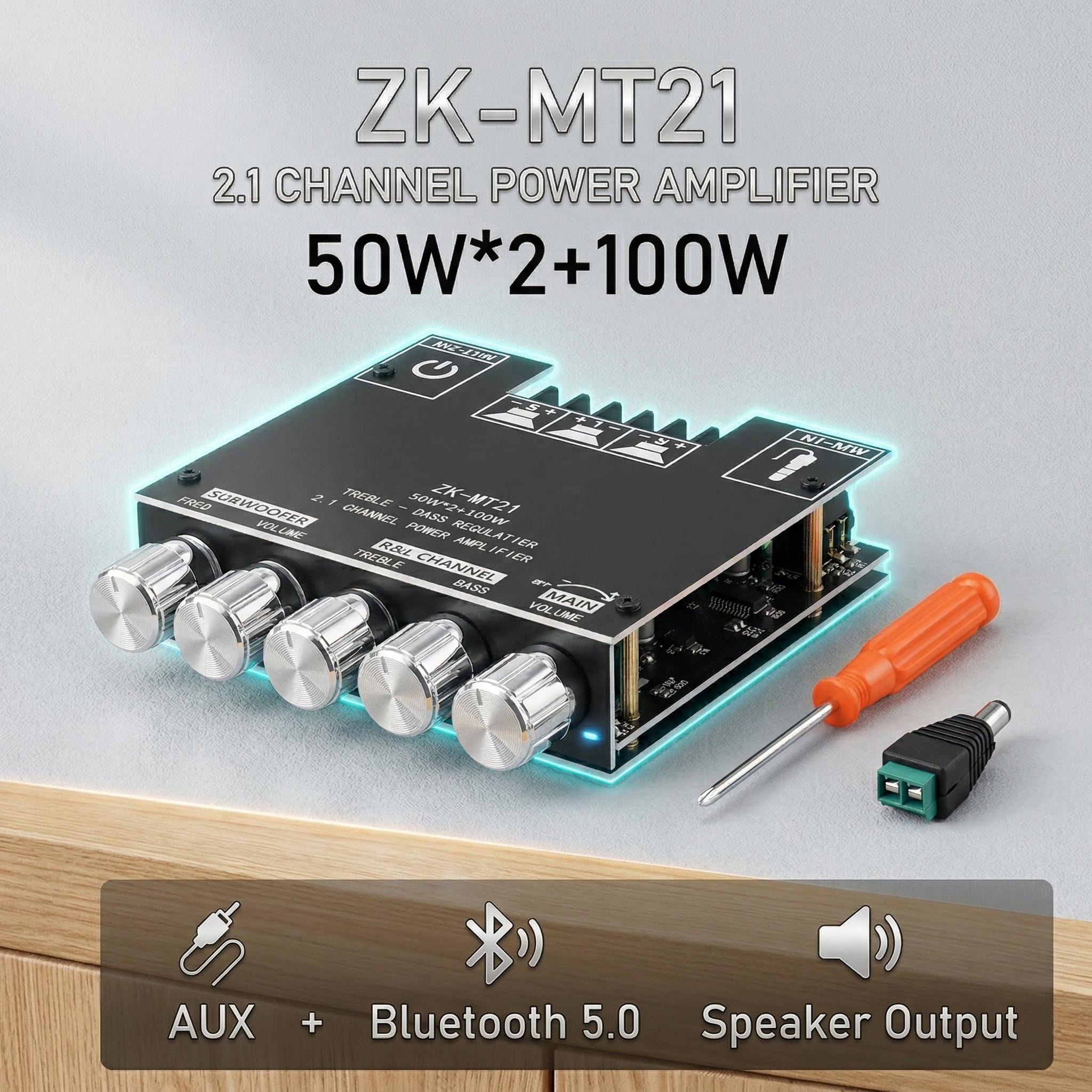 ZK-MT21 Bluetooth 5.0 Audio Amplifier Board 2.1 Channel 50W×2+100W Mini Subwoofer Power Amp HiFi Digital Audio Amp Module for Home Speakers 20-100W 4-8Ω DC 12-24V BT AUX Input