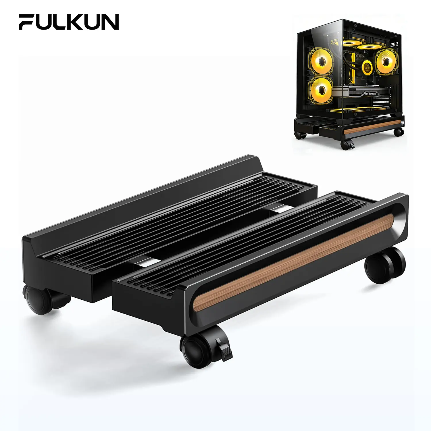 Fulkun Adjustable PC Tower Stand for Floor with Locking Casters, 7.4-12.5 Inches Ventilated Computer Riser, Mobile Plastic CPU Holder for Gaming & Office (PC Accessories)