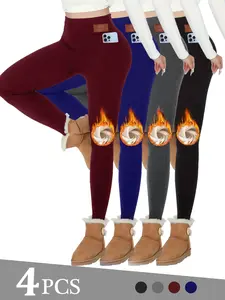 4PCS Super Soft Plush Lined Solid Color Leggings For Women Belted Workout Yoga Running Thermal Warm Pants With Practical Pockets For Fall And Winter