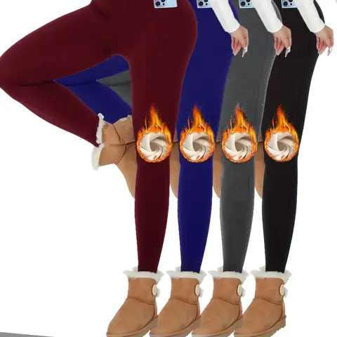 4PCS Super Soft Plush Lined Solid Color Leggings For Women Belted Workout Yoga Running Thermal Warm Pants With Practical Pockets For Fall And Winter