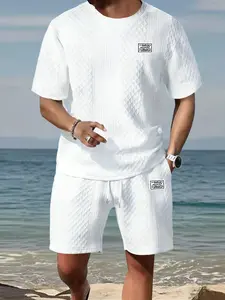 Men's Summer Casual Knit Texture Tee Set, Fashion Drawstring Shorts, Outdoor Play Running Fitness, Perfect Gift for Him