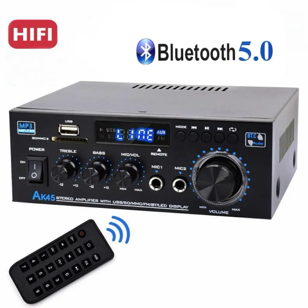 AK45 Bluetooth 5.0 Compact Adjustable Home Amplifier, HiFi 2.0 Channel Digital Wireless Radio Amplifier with USB, SD, RCA, Dual Microphones, Remote Control, Adapter for Home Theater, Karaoke