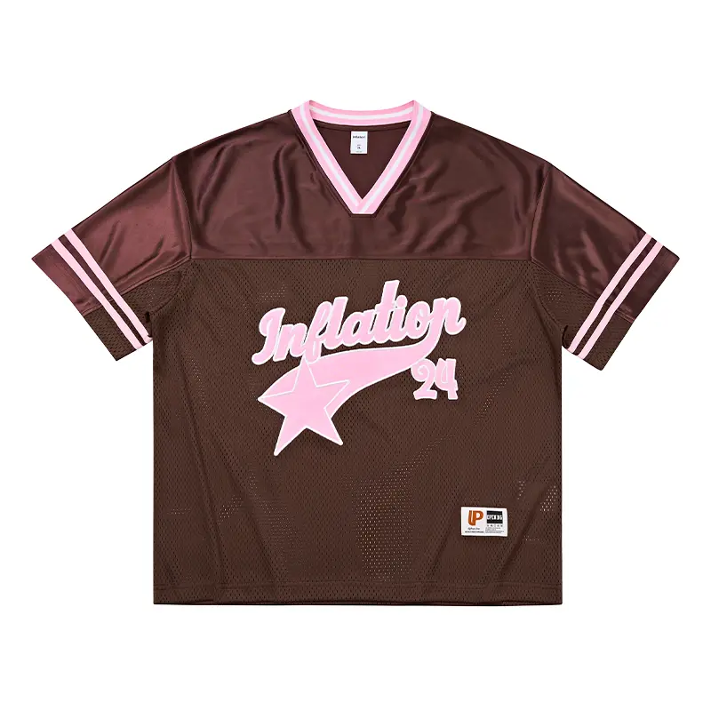 inflation Men's Streetwear Soccer Jersey, Casual V-Neck T-Shirt with Embroidered Patchwork and Short Sleeves, Casual Sporty Top, Sports Style Jersey, Soccer Jerseys