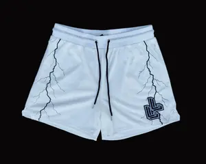 STORM WITHIN US-WHITE/Black Bolts Menswear Mesh Shorts with Lightning Strike Graphics Mid Waist Fitted Summer Athletic Fit