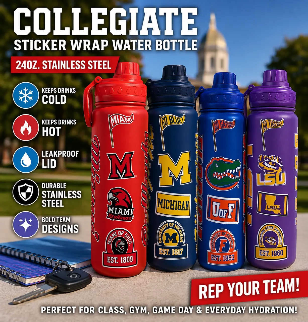 24oz Collegiate Sticker Wrap Water Bottle – Stainless Steel, Leakproof, Insulated