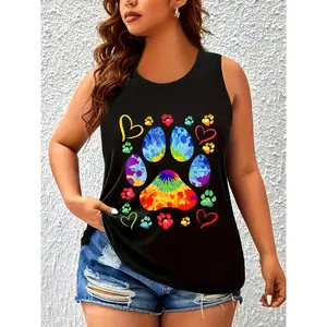 Women'S Sleeveless Tank Top - Cute Cartoon Paw Print & Rainbow Design, Lightweight Breathable Fabric, Round Neck Casual Summer Top for Casual Attire, Spring Fashion, Playful Graphic Tee, Comfortable Fit, Hot-Selling Cartoon Pattern Printed
