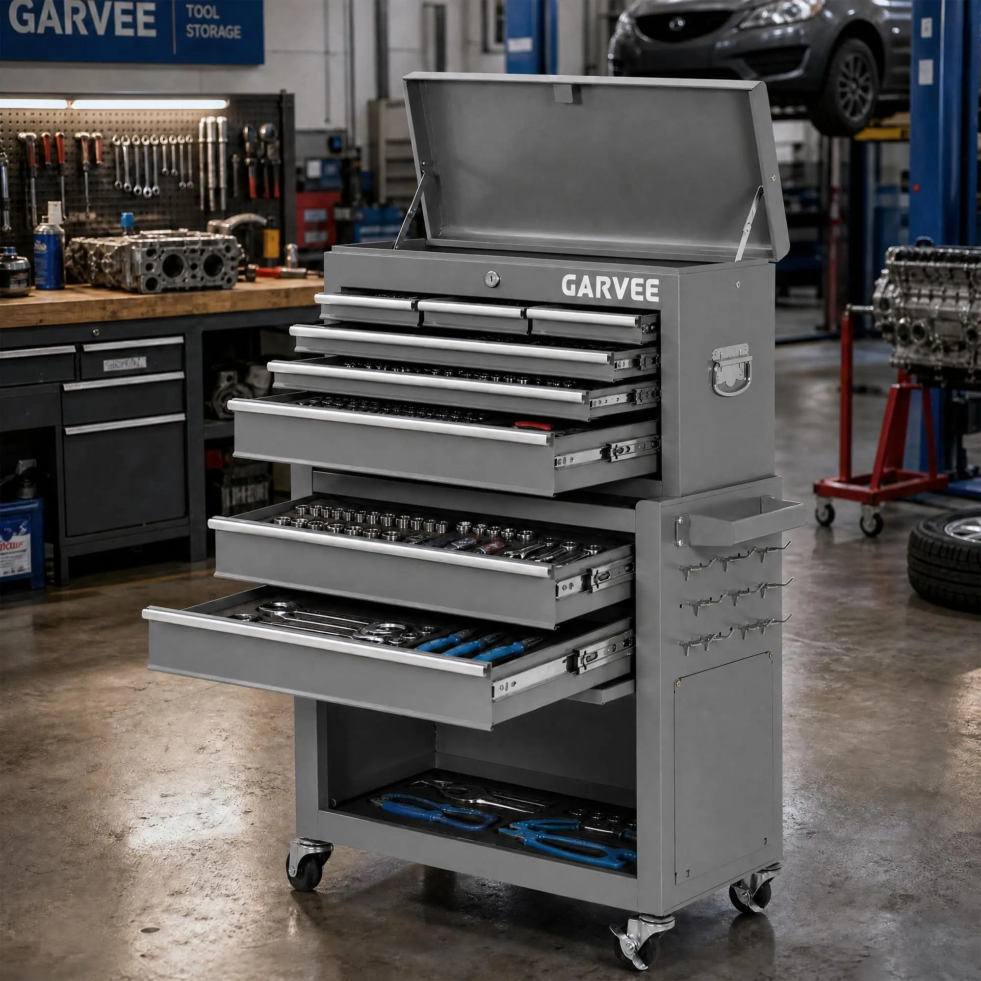 Gaomon Gray 2-in-1 Rolling Metal Tool Chest - 8 Lockable Sliding Drawers, Wheels, Protective Liner & Large Storage Tool Box for Garage, Workshop