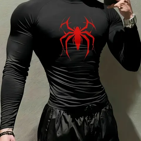 Men’s Quick-Dry Stretch Fitness T-Shirt, Spider Print, High Neck Long Sleeve Compression Shirt, Moisture-Wicking, Stretchable Fabric, Ideal for Gym Workouts & Sports Performance, All-Season, Workout Tops