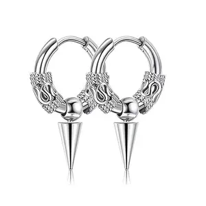 GTHIC Punk Dragon Pattern Spike Stainless Steel Hoop Earrings Fashion Jewelry Accessories for Men Women Party Wear