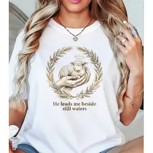 Psalm 23 Lamb Of God Cotton Tee With Vintage Hand And Olive Wreath Design For Christian Women